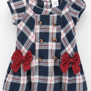 Half Sleeves Checked Frocks with Bow Applique