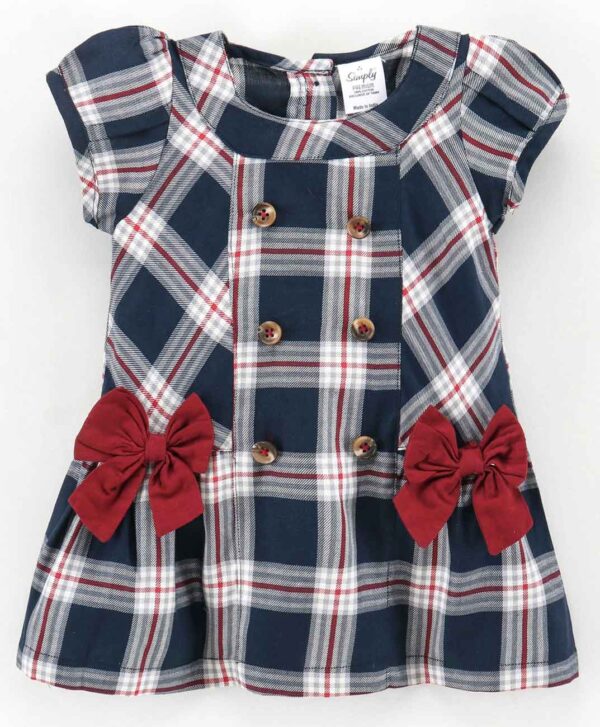 Half Sleeves Checked Frocks with Bow Applique