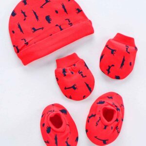 Cotton Animal Print Cap Mitten Booties Set