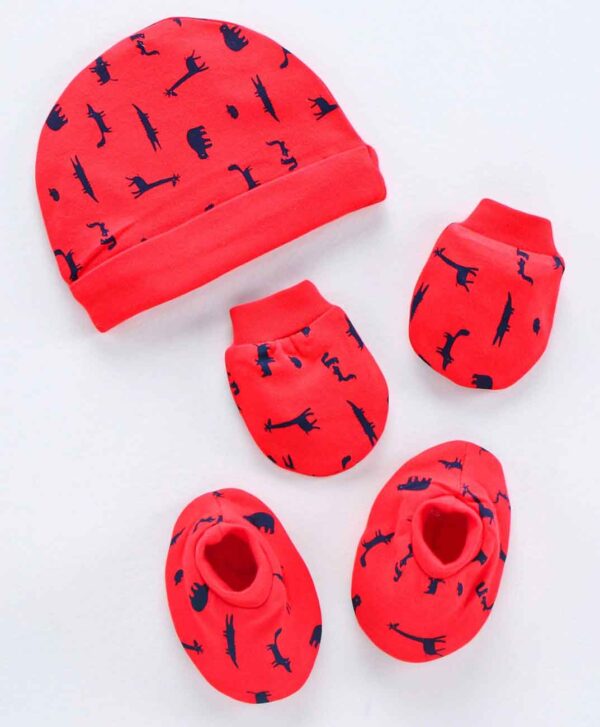 Cotton Animal Print Cap Mitten Booties Set