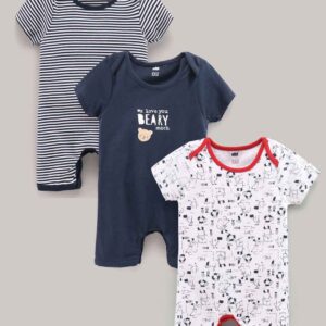 Half Sleeves Striped Rompers Bear Print Pack of 3