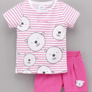 Half Sleeves Striped Tee & Shorts Set Bear Print