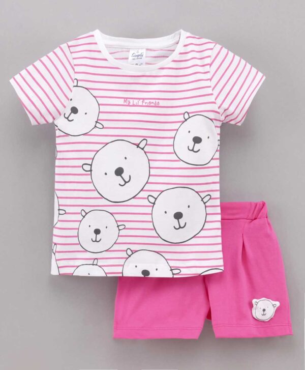 Half Sleeves Striped Tee & Shorts Set Bear Print
