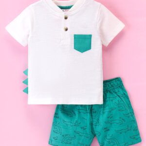 Half Sleeve T-Shirt & Shorts Set With Crocodile Print - Green & Orange