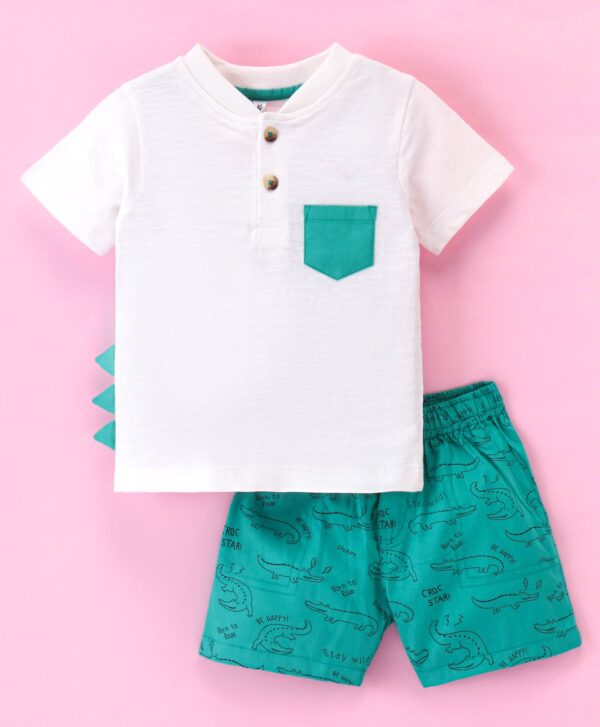 Half Sleeve T-Shirt & Shorts Set With Crocodile Print - Green & Orange