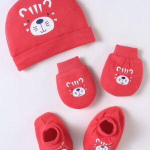 Cotton Cap Mittens And Booties Set Bear Print