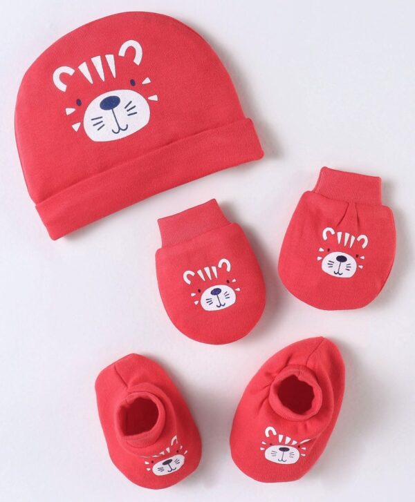 Cotton Cap Mittens And Booties Set Bear Print