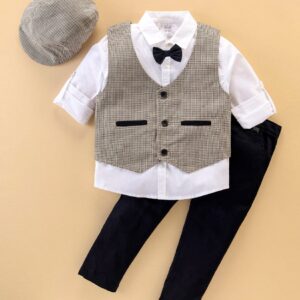 Full Sleeves Checkered Party Suit with Bow Waistcoat & Cap - Khaki & Red