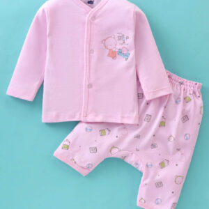 Full Sleeves Night Suit Bear Print - Pink & Blue