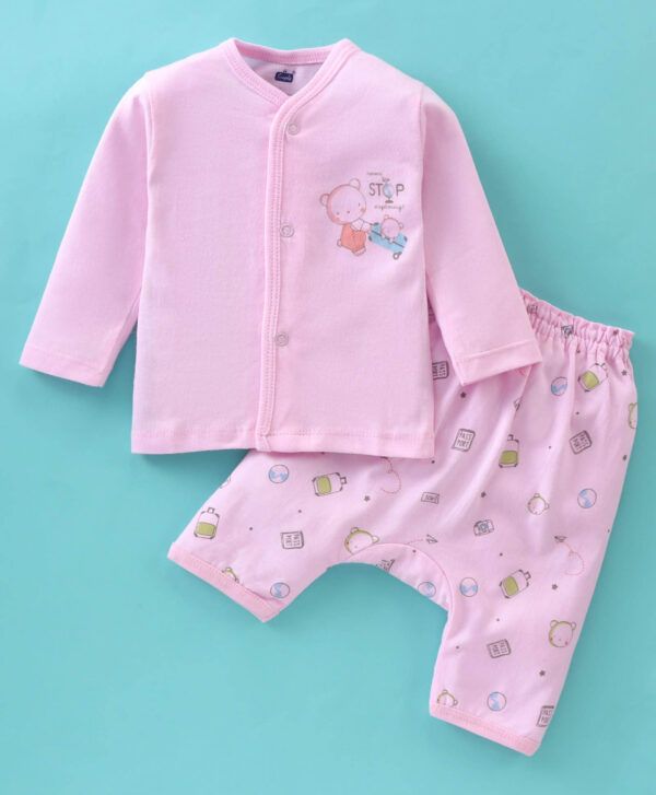 Full Sleeves Night Suit Bear Print - Pink & Blue