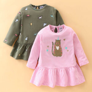 Full Sleeves Striped & Cat Print Frock - Pack of 2