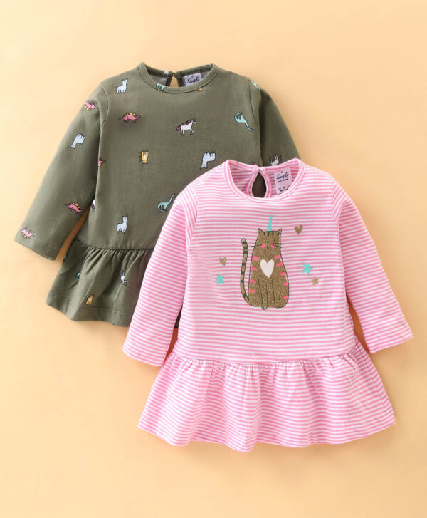 Full Sleeves Striped & Cat Print Frock - Pack of 2