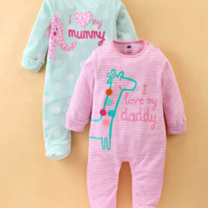 Full Sleeves Footed Sleep Suit Pack of 2 - Pink & Green