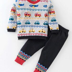 Full Sleeves Cotton Knitted Baby Sweater & Pant Set- Vehicles
