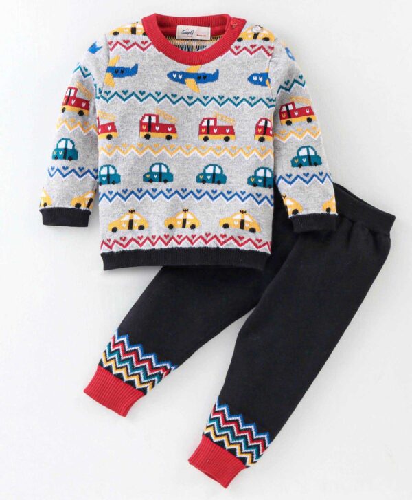 Full Sleeves Cotton Knitted Baby Sweater & Pant Set- Vehicles