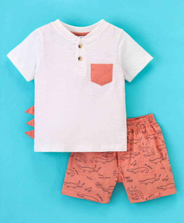 Half Sleeve T-Shirt & Shorts Set With Crocodile Print - Green & Orange - Image 2
