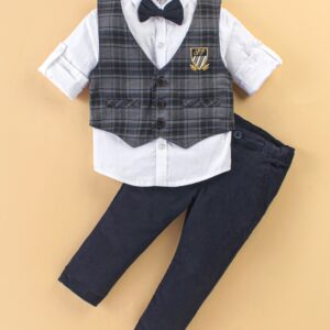 Full Sleeves Checked Party Suit With Detachable Bow & Waistcoat