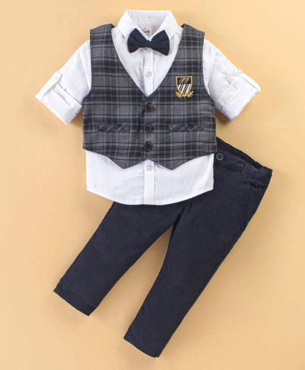 Full Sleeves Checked Party Suit With Detachable Bow & Waistcoat