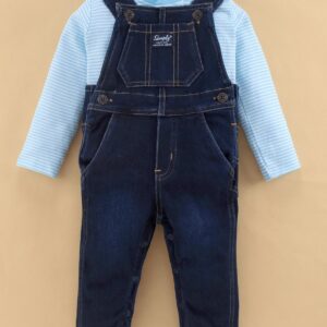 Full Sleeves Striped T-Shirt & Denim Dungarees Set