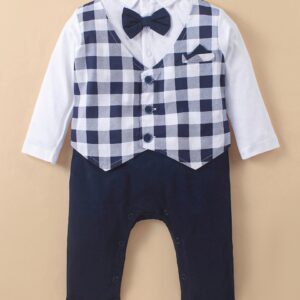 Full Sleeves Checked Party Romper With Bow