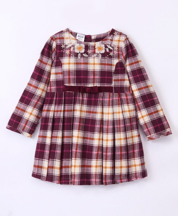 Full Sleeves Checks Frock with Floral Embroidery