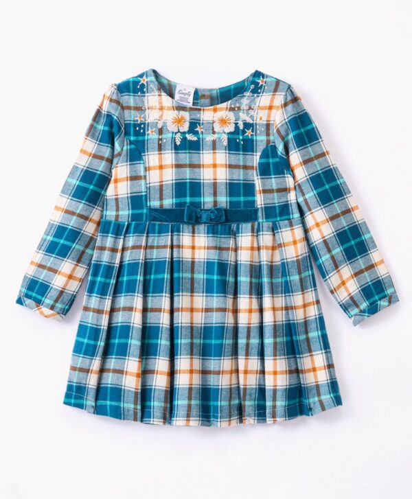Full Sleeves Checks Frock with Floral Embroidery - Image 2