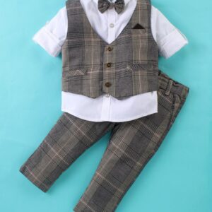 Full Sleeves Checked Party Suit with Detachable Bow & Waistcoat
