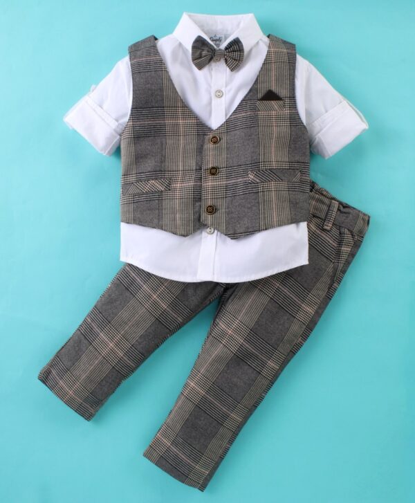 Full Sleeves Checked Party Suit with Detachable Bow & Waistcoat