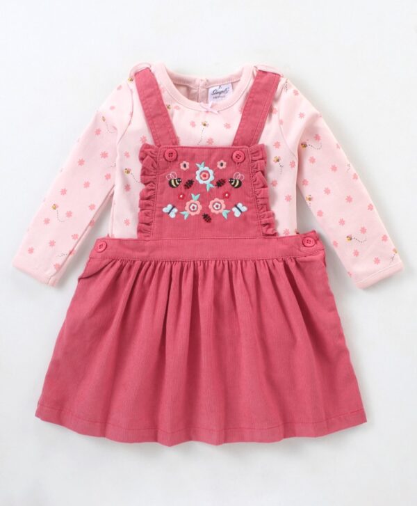 Embroidered Pinafore With Full Sleeves Printed Inner Set