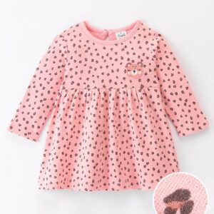 Full Sleeves Paw Printed Frock with Teddy Applique