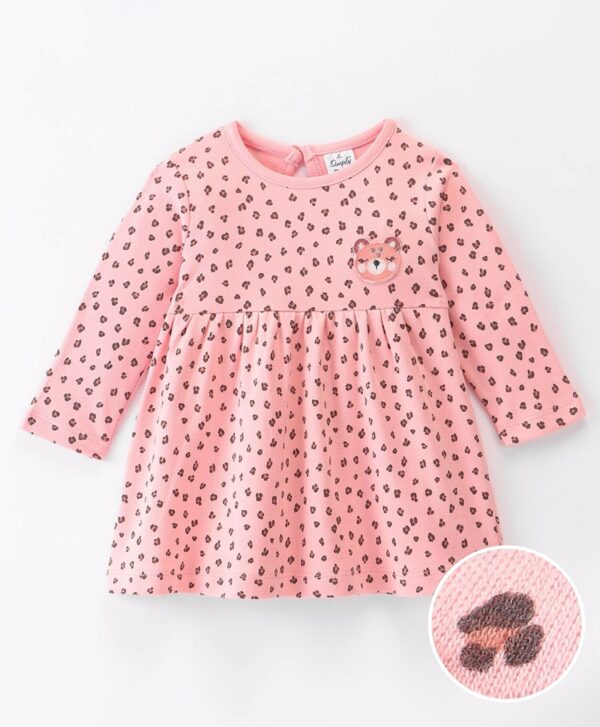 Full Sleeves Paw Printed Frock with Teddy Applique