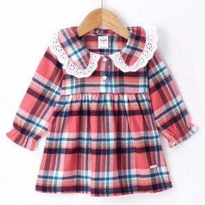 Peter Pan Collar Full Sleeves Checkered Frock With Lace Detailing