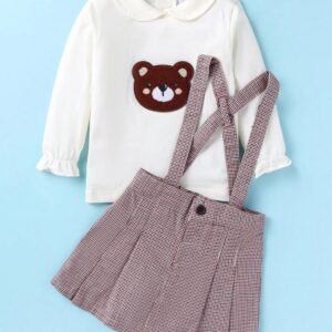 Full Sleeves Peter Pan Collared Top with Checkered Skirt & Bear Patch