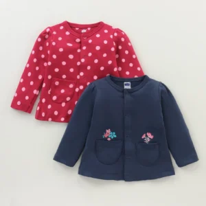 Full Sleeves Front Open Frocks With Floral & Polka Dots Print Pack of 2 - Navy & Red