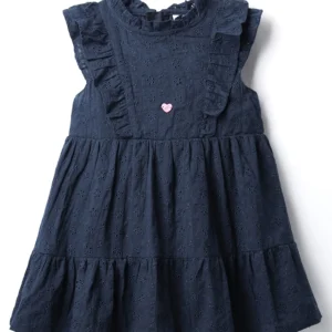 Sleeveless Embroidered Frock With Frills Detailing - Navy Blue