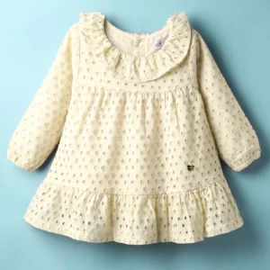 Full Sleeves Embroidered Frock With Frills Detailing - Cream & Peach