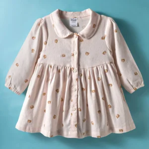 Full Sleeves Front Open Frock With Peter Pan Collar & Teddy Print