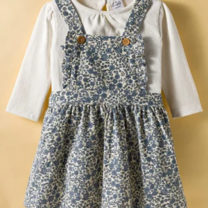 Floral Print Pinafore With Full Sleeves Inner Tee Set