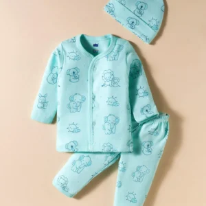 Full Sleeves Night Suit With Animal Print & Cap - Aqua & Coral