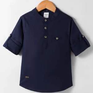 Full Sleeves Mandarin Collar Kurta Style Shirt - Navy Blue & Maroon