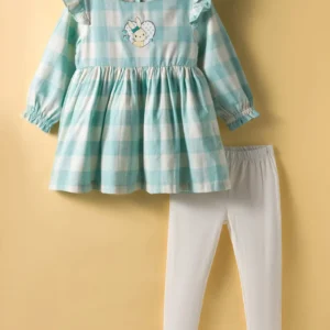 Full Sleeves Frock with Legging - Ivory & Sea Green