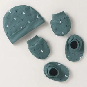 Interlock Cap Mitten & Booties Set with Nautical Theme Printed