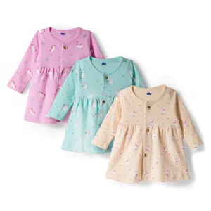 Full Sleeves Front Open Frocks With Unicorn & Animal Printed Pack of 3