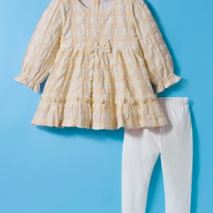 Full Sleeves Checks Frock With Bow Applique & Leggings