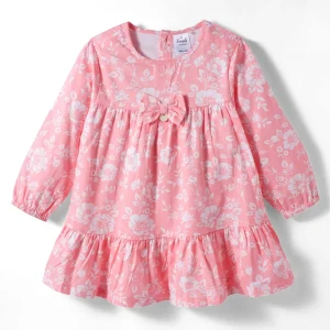 Full Sleeves Frock With Floral Printed & Bow Applique