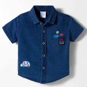 Half Sleeves Denim Shirt With Text Embroidery