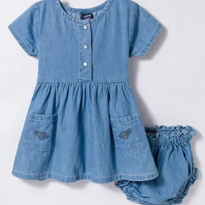 Half Sleeves Denim Frock With Floral Embroidery & Bloomer
