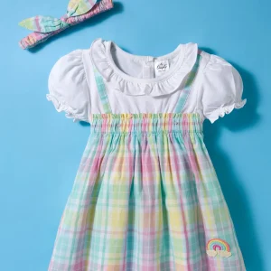 Half Puffed Sleeves Checkered Frock with Headband