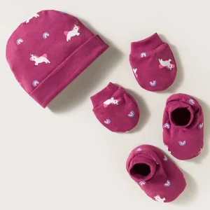 Interlock Cap Mitten & Booties Set with Unicorn Printed